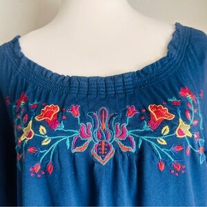 Johnny Was JWLA Embroidered Boho Tunic Dress Blue Floral M
